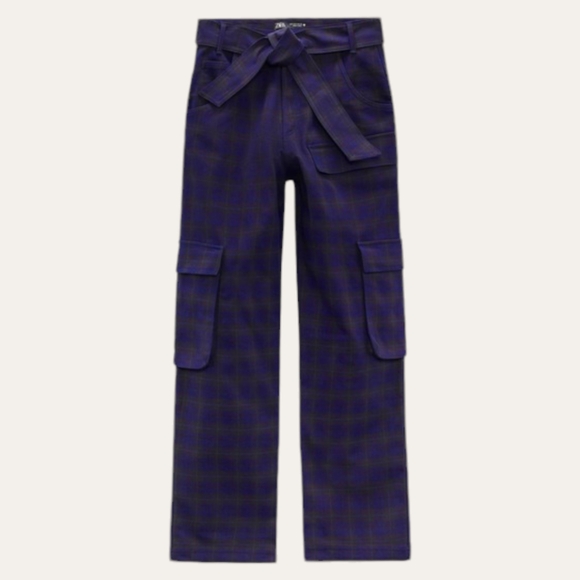 Zara Plaid Navy Blue Cargo Pants - Picture 1 of 12